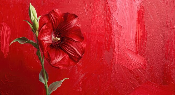 Oil painting of Musk Mallow with expressive brush strokes on intense red background