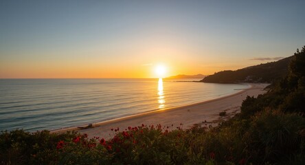 Obraz premium Morning sunrise over a calm sea with a peaceful beach view and summer nature