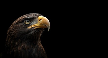 Obraz premium Close perspective of a bald eagle bird of prey's head with copy space on black background