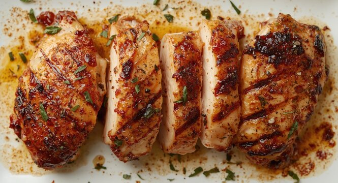 Juicy grilled boneless chicken thigh slices seasoned with spices