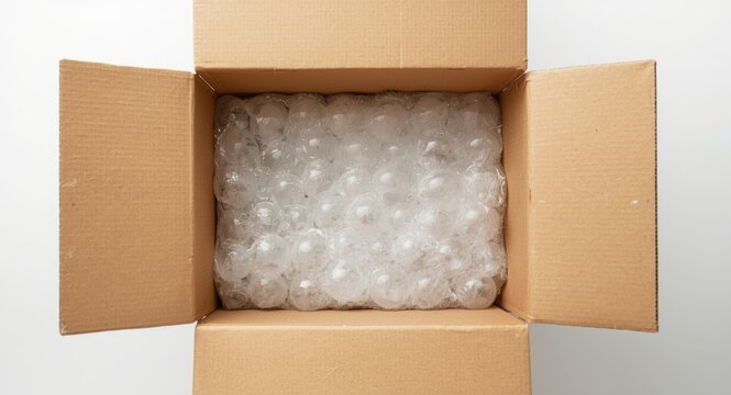 Exposed cardboard box with bubble cushioning inside for safe delivery of retail products