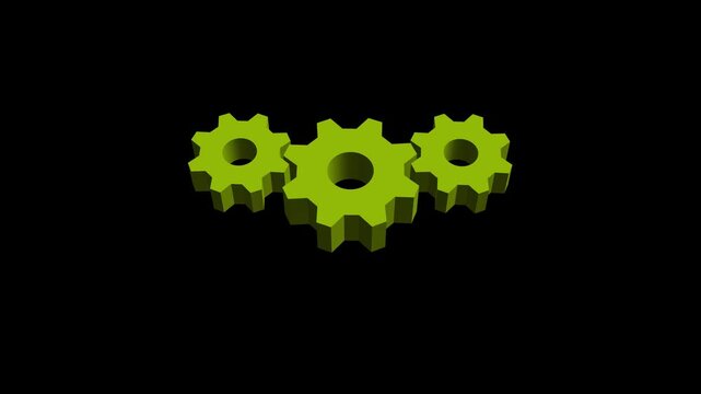 Three Green 3D Gears on Black Background cogwheels