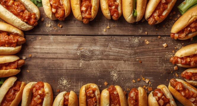 Hot chili dogs laid out on dining table top with blank space for text