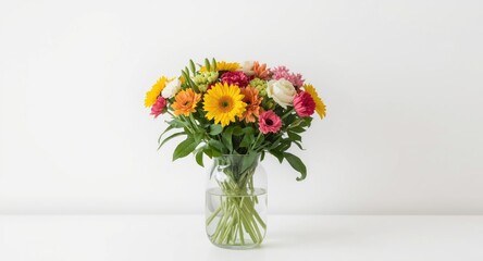 Obraz premium A bright vase filled with fresh summer flowers on a clean white background for interior decoration