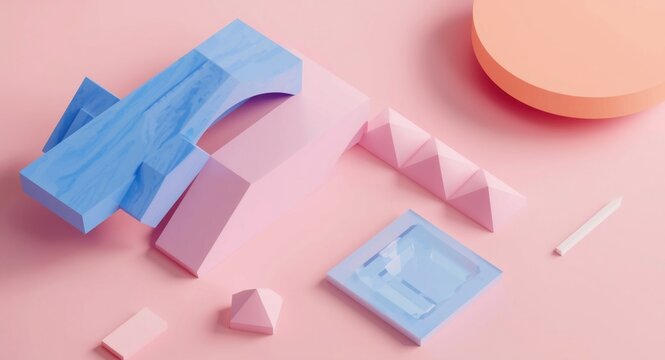 Simplified 3D composition featuring basic geometric elements with sharp edges