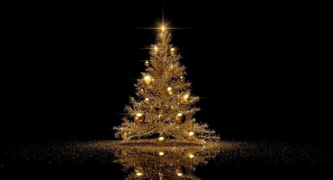 Holiday card design with sparkling gold tree set against black background