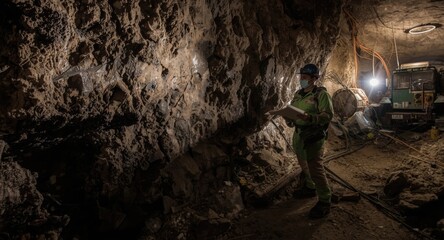 Fototapeta premium Geologist inspecting mineral veins within an underground mine shaft with copyspace