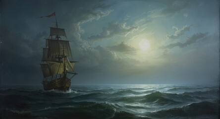 Obraz premium Oil artwork featuring the flying Dutchman on a wide moonlit sea