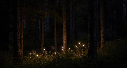 Fototapeta premium Mystical luminous orbs flickering among pine trunks during nighttime
