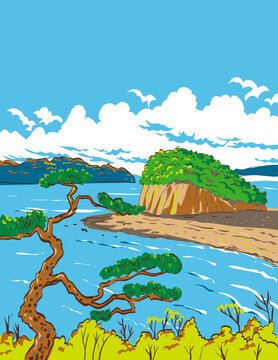 WPA style ukiyo-e or ukiyo illustration of Shodo Island located in Setonaikai National Park in the Seto Inland Sea Japan done in retro works project administration style.
