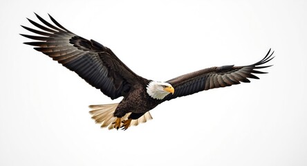 Fototapeta premium Majestic bald eagle soaring against a clean white background