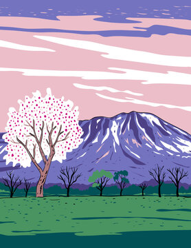 WPA style ukiyo-e or ukiyo illustration of Mount Iwate stratovolcano in the Ou Mountains located in Towada-Hachimantai National Park in Tohoku, Japan in retro works project administration style.