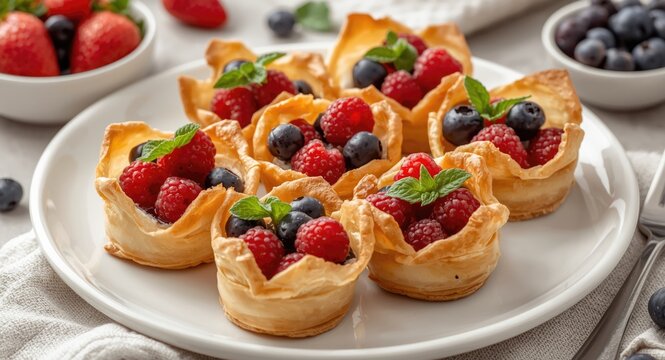 Fresh berry and cheese filo pastry baskets garnished with mint on white dish