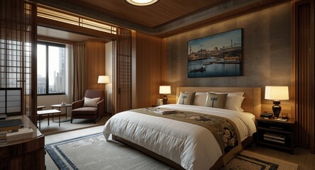 Fototapeta premium Japandi styled bedroom with Japanese copy space and elegant functional layout