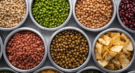 Fototapeta premium Metal bowls with diverse lentils peas and beans for a wholesome super food display