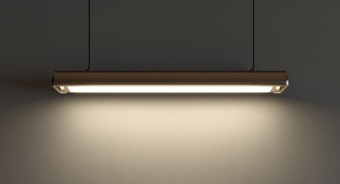 Modern industrial design featuring hanging fluorescent lamp with subtle wall illumination