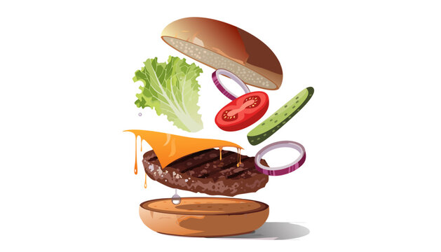 Hamburguesa desarmada con ingredientes flotantes en ilustraci&oacute;n