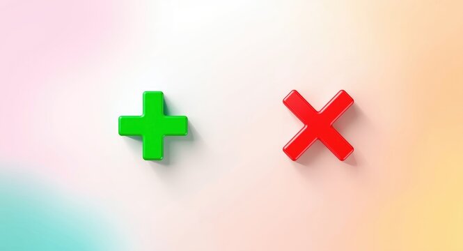 Graphic display of yes or no choices using green plus and red minus signs on assorted colored backgrounds