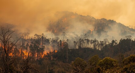 Fototapeta premium Environmental disaster of forest fire with burning trees and thick smoke layers
