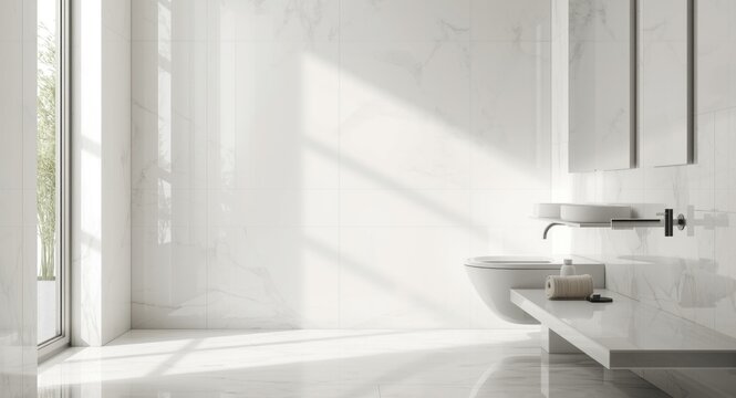 Modern and minimalist bathroom featuring glossy white tiles and streamlined fittings