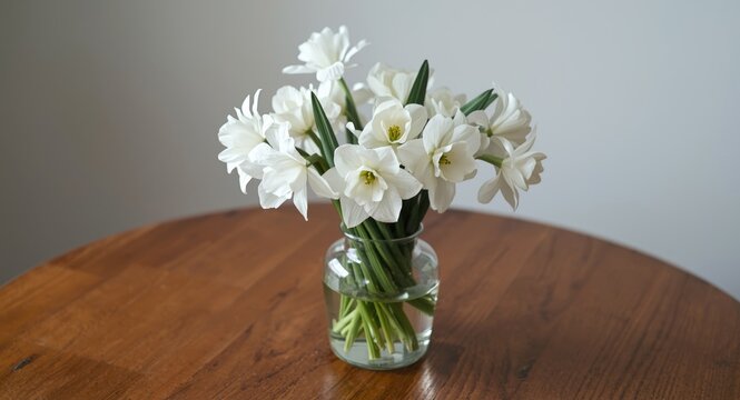 Simple vase holding white paperwhite narcissus flowers on a polished wooden table adding a fresh winter touch