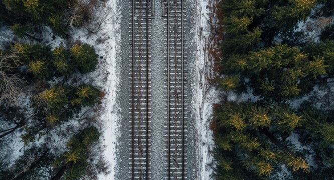 Overhead winter view of two railroad tracks running parallel in evergreen woods