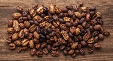Fototapeta premium Nourishing dried superfood blend with tiger nuts mulberry berries and cacao beans on wood plank