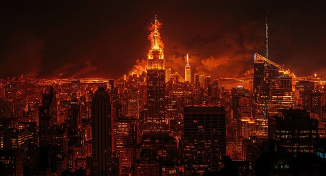City set alight with dramatic fire scene backdrop design