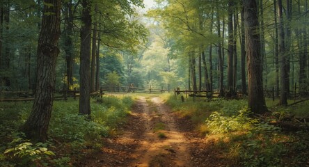 Obraz premium serene forest track painting presenting lush scenic views