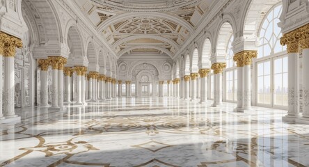 Fototapeta premium Majestic hall with white arched ceilings and gold columns shining on marble flooring with intricate patterns