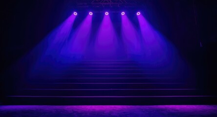Performance stage stairs bathed in vibrant violet and electric blue lighting effects
