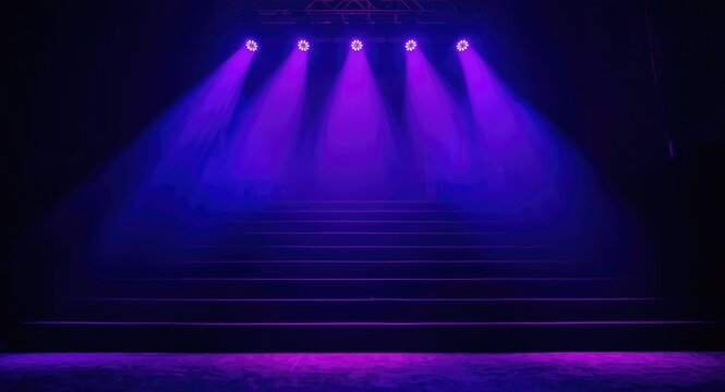 Performance stage stairs bathed in vibrant violet and electric blue lighting effects