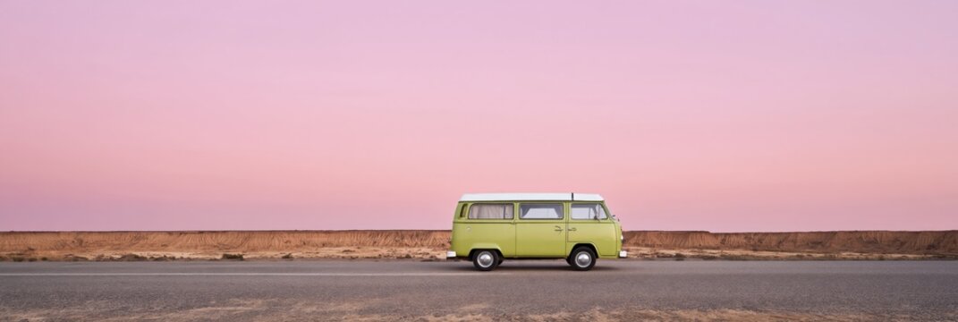 Green van on road under pastel pink sky at sunset with empty horizon and minimal coastal landscape for travel and freedom