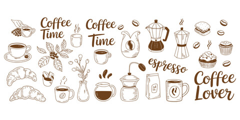 Coffee Time Doodle Collection Featuring Mugs, Beans, and Pastries Keywords: coffee, time, lover, espresso, mug, cup, saucer