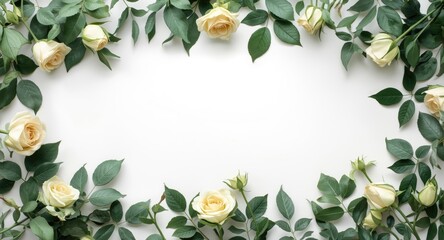 Fototapeta premium Green leaves and damask roses floral border flat lay background from above