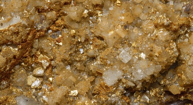 Macro shot of gold antimony ore texture emphasizing quartz mica feldspar and sulfides