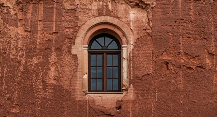 Fototapeta premium Ornate vintage arched window embedded in a deeply textured red cement wall architecture scene