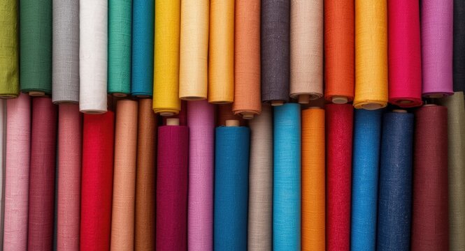 Assorted vibrant nonwoven fabric rolls organized on a tabletop with varying textures