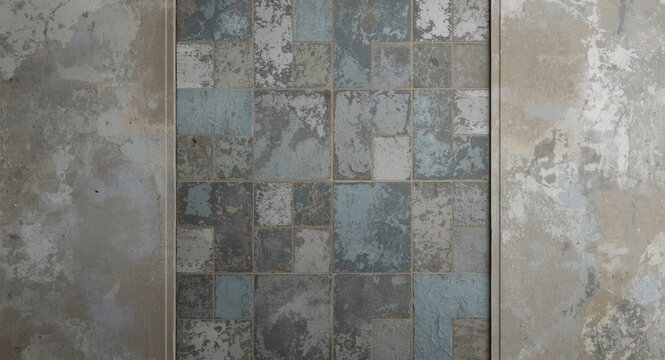 Gray blue toned vintage shabby patchwork tile texture on a rough stone and cement background