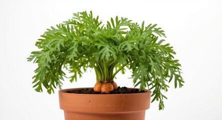 Fototapeta premium Orange carrot plant growing in terracotta pot on white background
