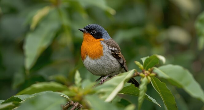 Poicephalus rufiventris bird with vivid belly color perched amid green foliage