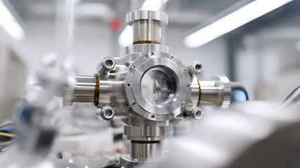 Fototapeta premium Close-up of Advanced Stainless Steel Vacuum Chamber Component with Multiple Ports in a Bright, Modern Laboratory Environment, Emphasizing Precision Engineering and Scientific Research Equipment