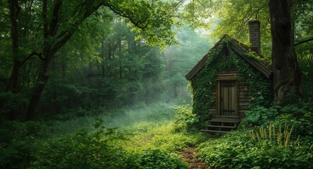 Naklejka premium Magical witch cabin concealed within lush forest greenery and copy space for text