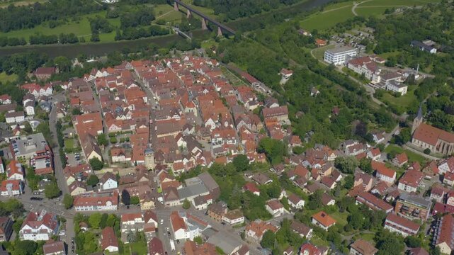 Aerial view of the old town above the city of Marbach in south Germany, on a sunny spring day.