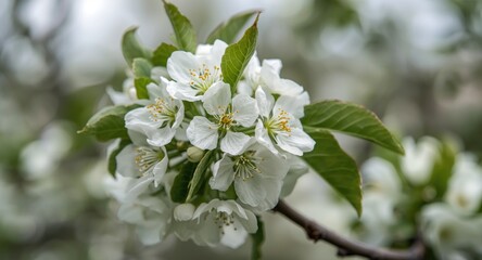 Fototapeta premium Close up capture of white flowers blooming fully on apple tree in spring