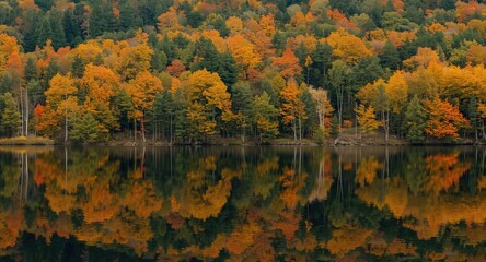 Fototapeta premium Lush autumn forest colors mirrored in still lake waters on a tranquil fall day