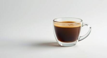 Naklejka premium Sleek glass cup filled with hot americano coffee on smooth white backdrop