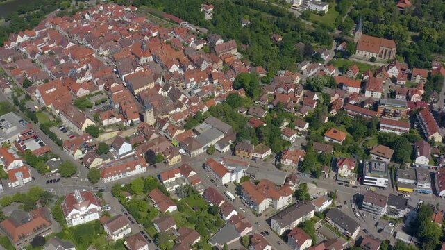 Aerial view of the old town above the city of Marbach in south Germany, on a sunny spring day.
