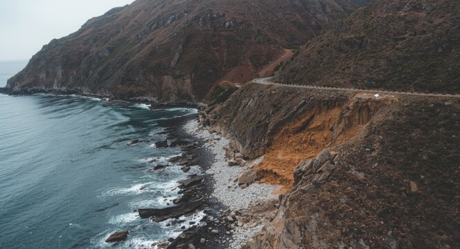 Elevated photograph of a hazardous mountain route affected by a rockslide near the shore
