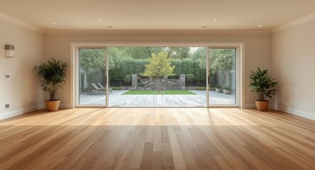 Obraz premium Open layout home addition remodel with solid oak wood handscraped floors in golden hue enhancing deck patio and courtyard